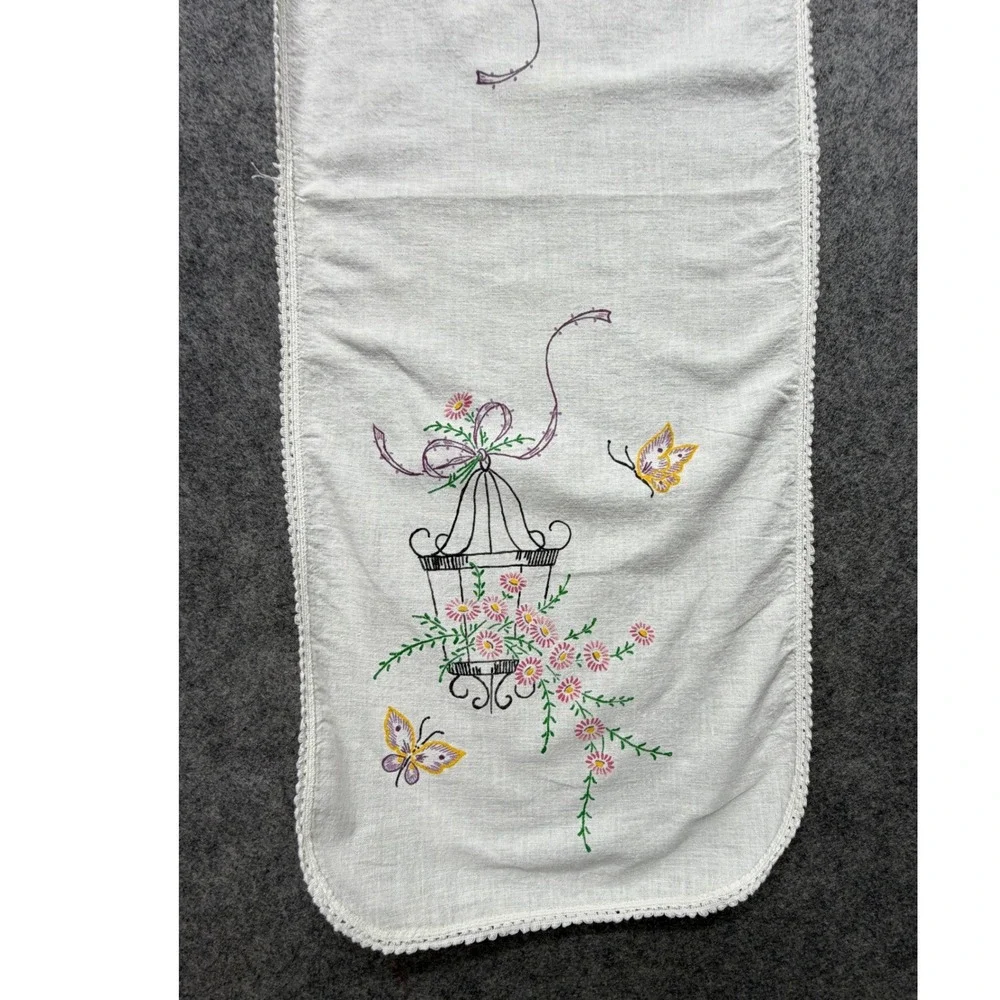 Vintage Embroidered Birdcage Butterfly Table Runner Crocheted Lace Trim 34x12.5